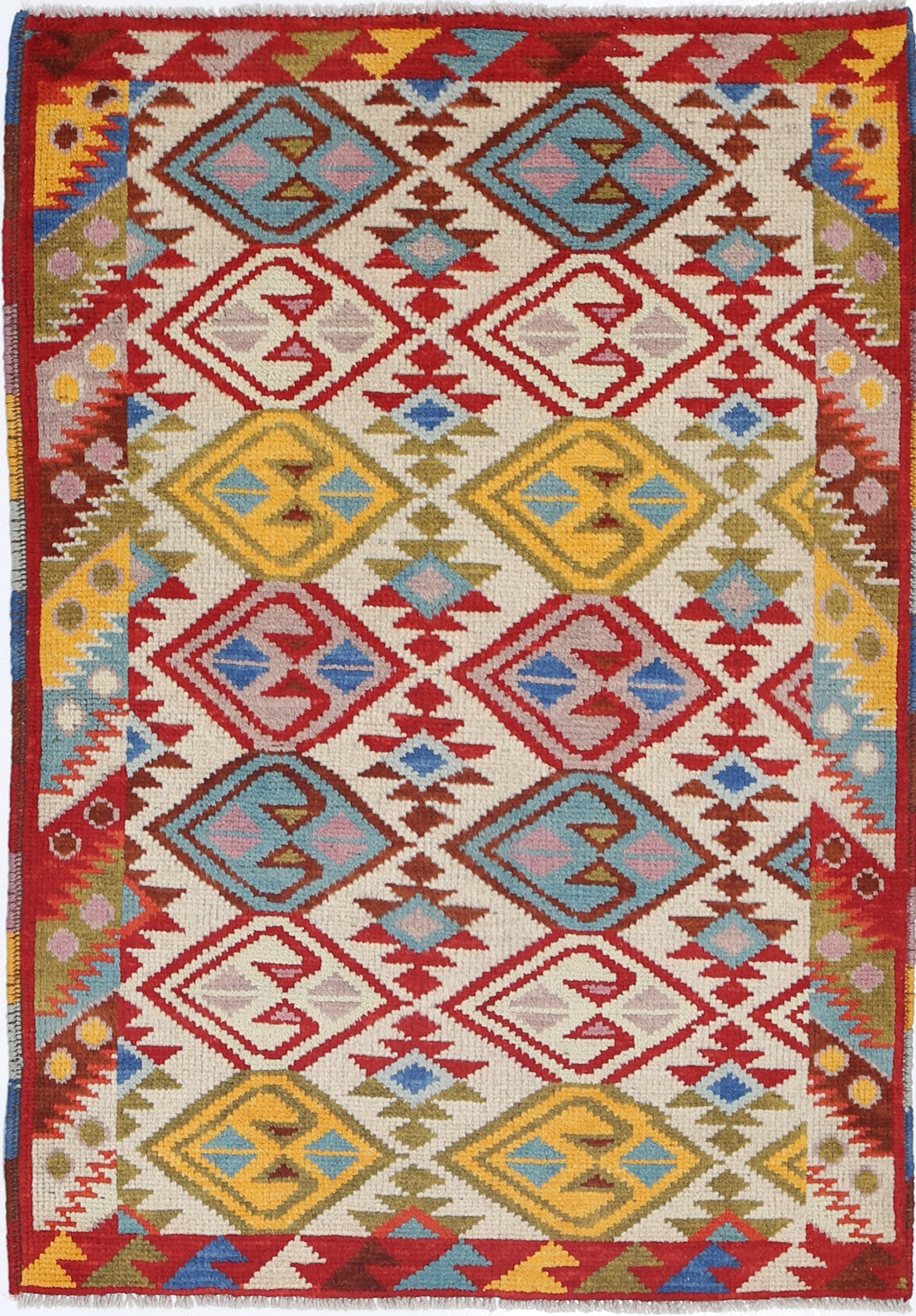Ivory Hand-Knotted Tribal Geometric Wool Rug - 2'7" x 3'9"