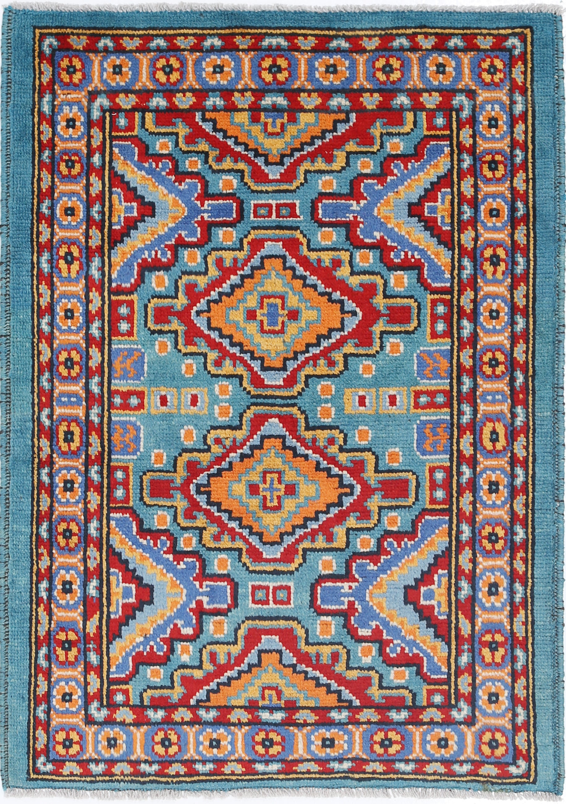 Teal Hand-Knotted Tribal Geometric Wool Rug - 2'8" x 3'10"