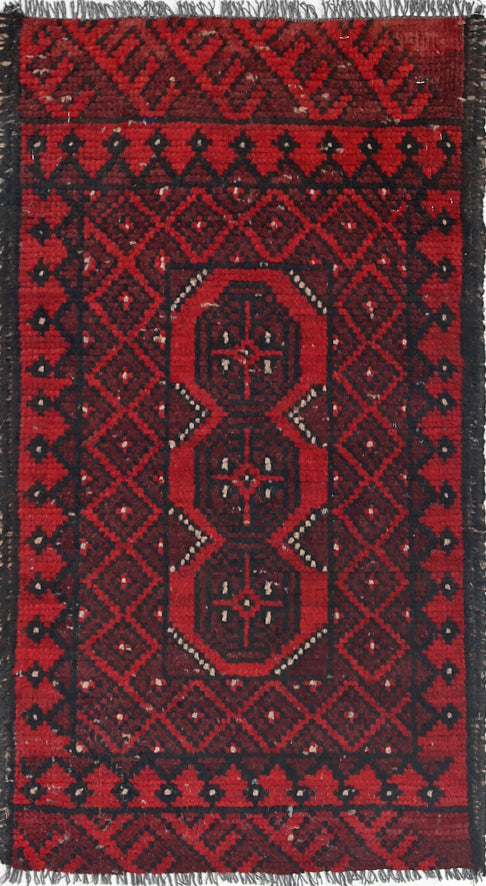 Ivory Hand-Knotted Afghan Tribal Geometric Wool Rug - 1'4" x 2'9"