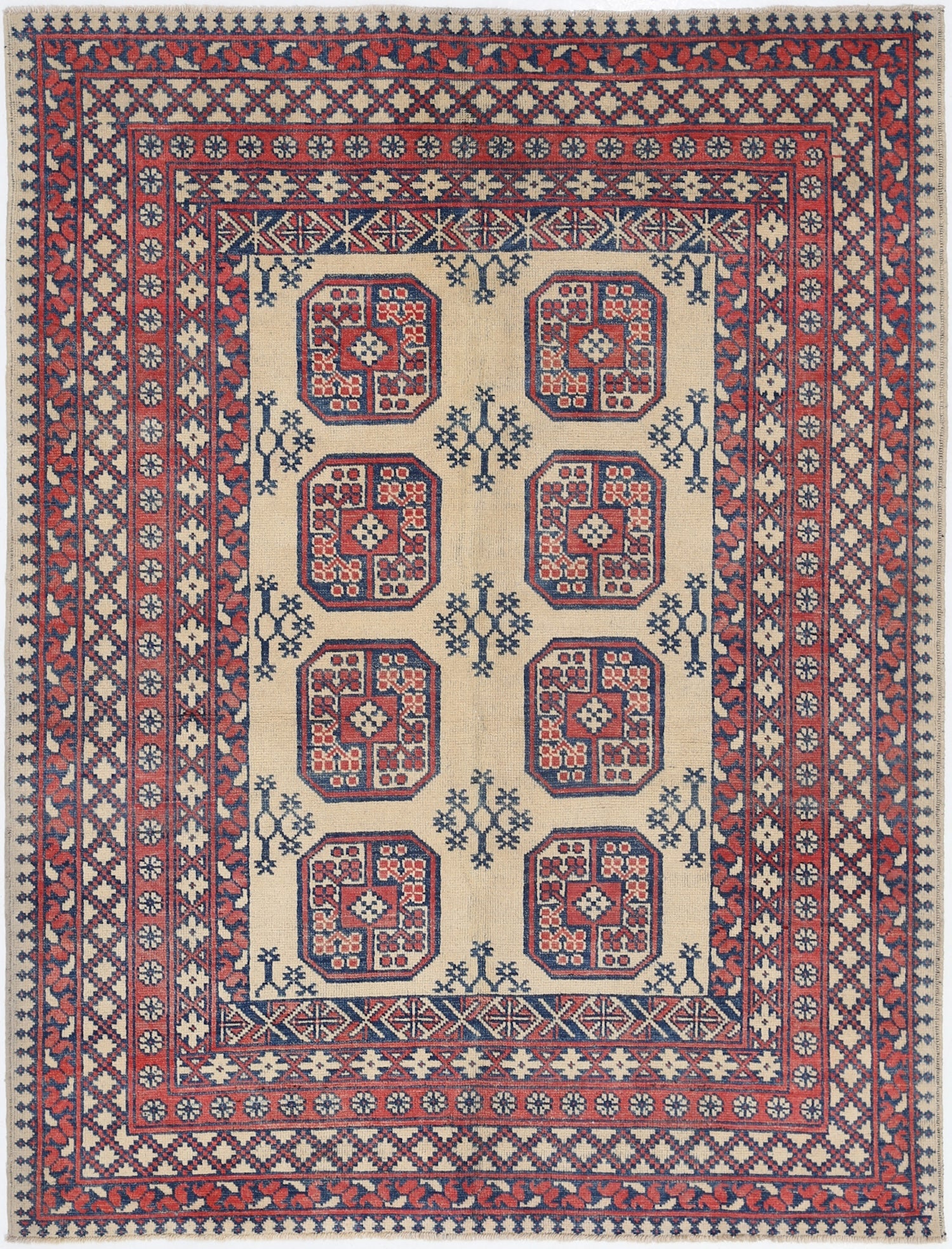 Ivory Hand-Knotted Afghan Tribal Geometric Wool Rug - 4'9" x 6'4"