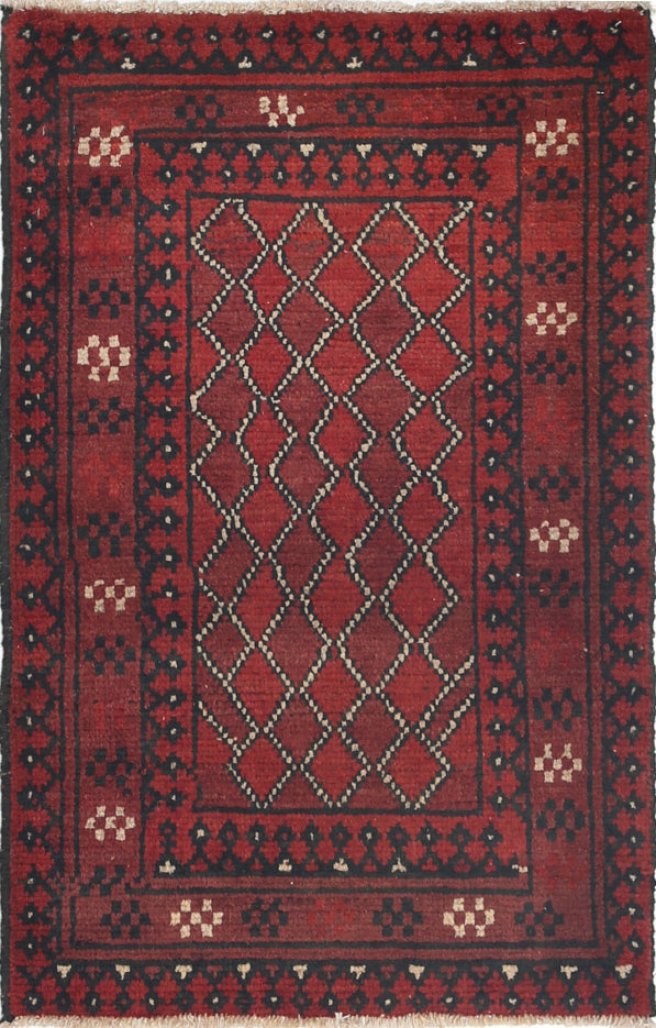 Ivory Hand-Knotted Afghan Tribal Geometric Wool Rug - 1'11" x 3'0"