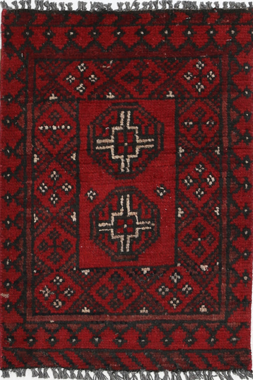 Ivory Hand-Knotted Afghan Tribal Geometric Wool Rug - 1'6" x 2'3"