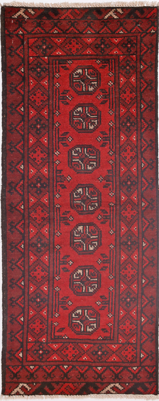 Ivory Hand-Knotted Afghan Tribal Geometric Wool Rug - 1'6" x 4'4"