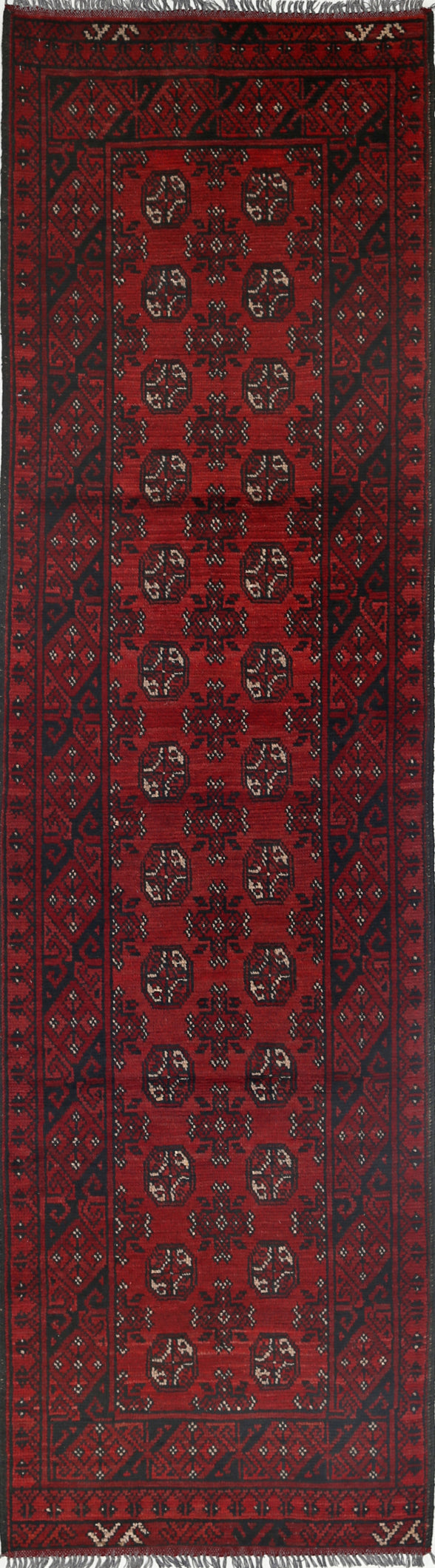 Ivory Hand-Knotted Afghan Tribal Geometric Wool Rug - 2'5" x 9'3"