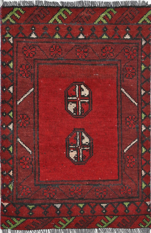 Ivory Hand-Knotted Afghan Tribal Geometric Wool Rug - 1'7" x 2'4"