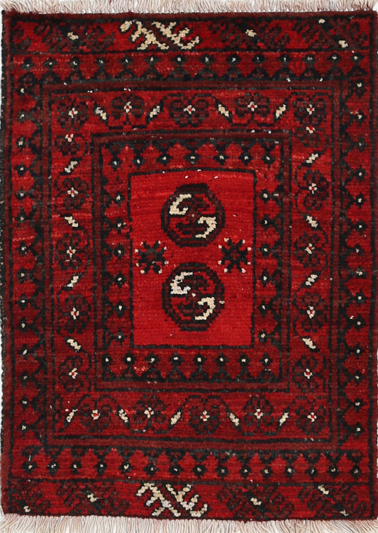 Ivory Hand-Knotted Afghan Tribal Geometric Wool Rug - 1'7" x 2'3"