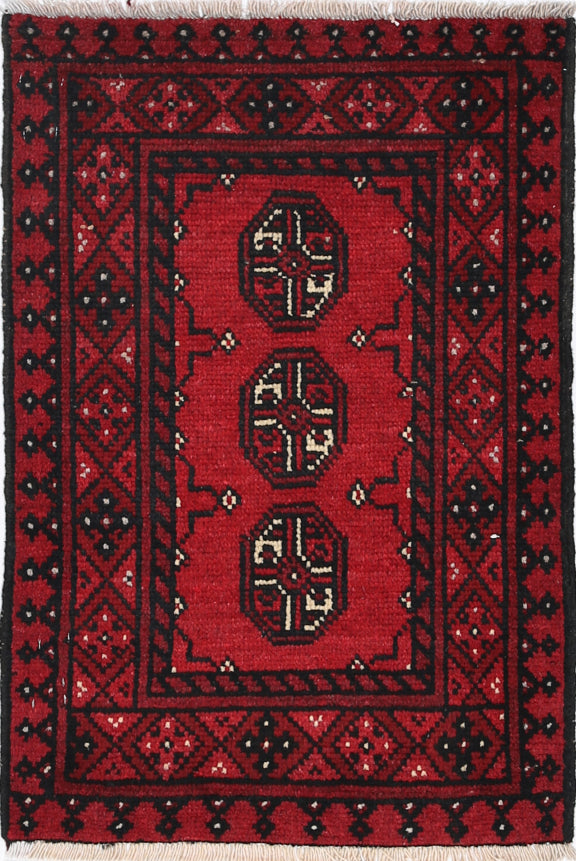 Ivory Hand-Knotted Afghan Tribal Geometric Wool Rug - 1'8" x 2'6"