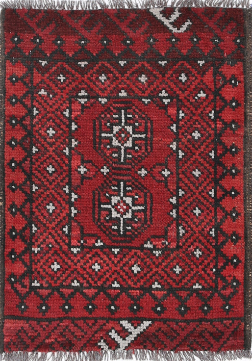 Ivory Hand-Knotted Afghan Tribal Geometric Wool Rug - 1'7" x 2'3"