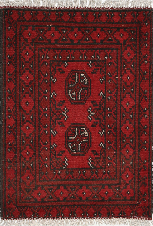 Ivory Hand-Knotted Afghan Tribal Geometric Wool Rug - 1'8" x 2'4"