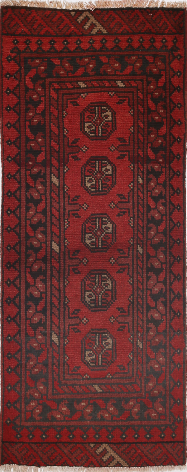 Ivory Hand-Knotted Afghan Tribal Geometric Wool Rug - 1'8" x 4'8"