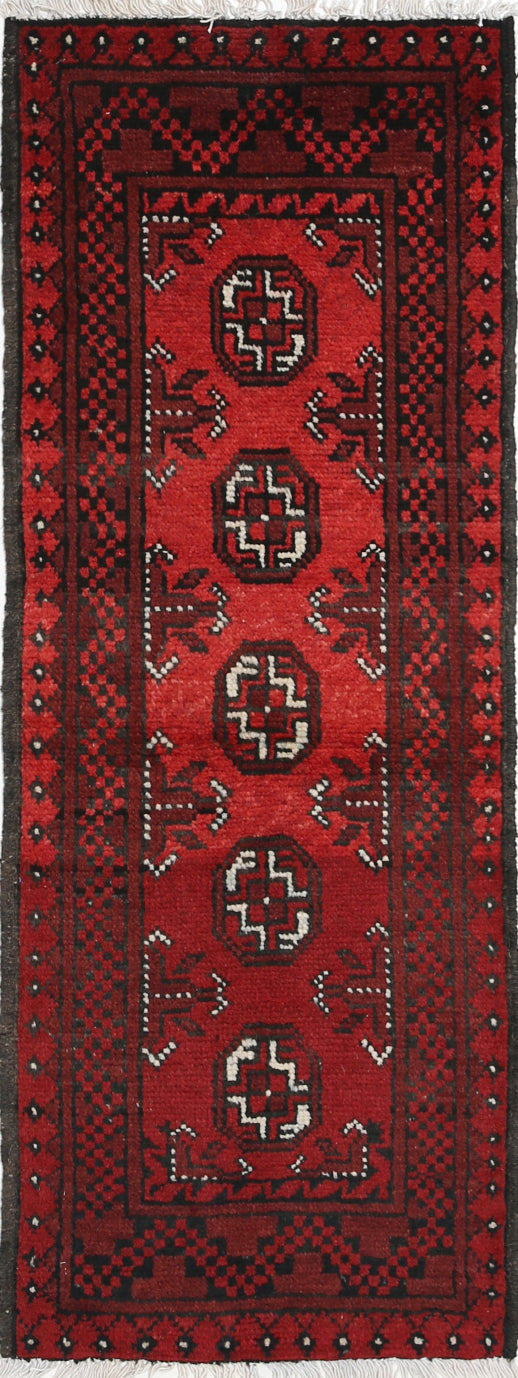 Ivory Hand-Knotted Afghan Tribal Geometric Wool Rug - 1'6" x 4'4"