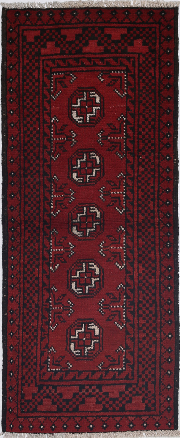 Ivory Hand-Knotted Afghan Tribal Geometric Wool Rug - 1'8" x 4'4"