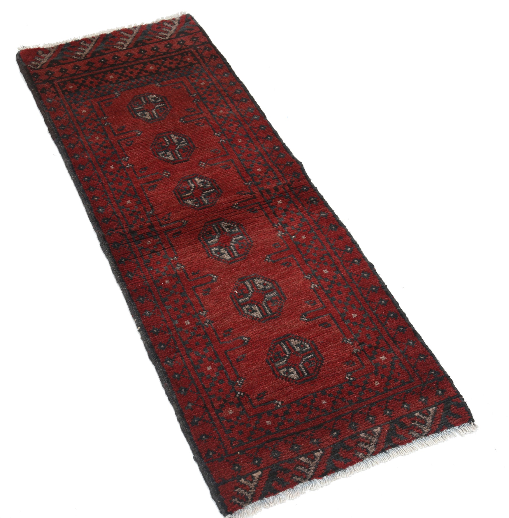 Ivory Hand-Knotted Afghan Tribal Geometric Wool Rug - 1'7" x 4'7"