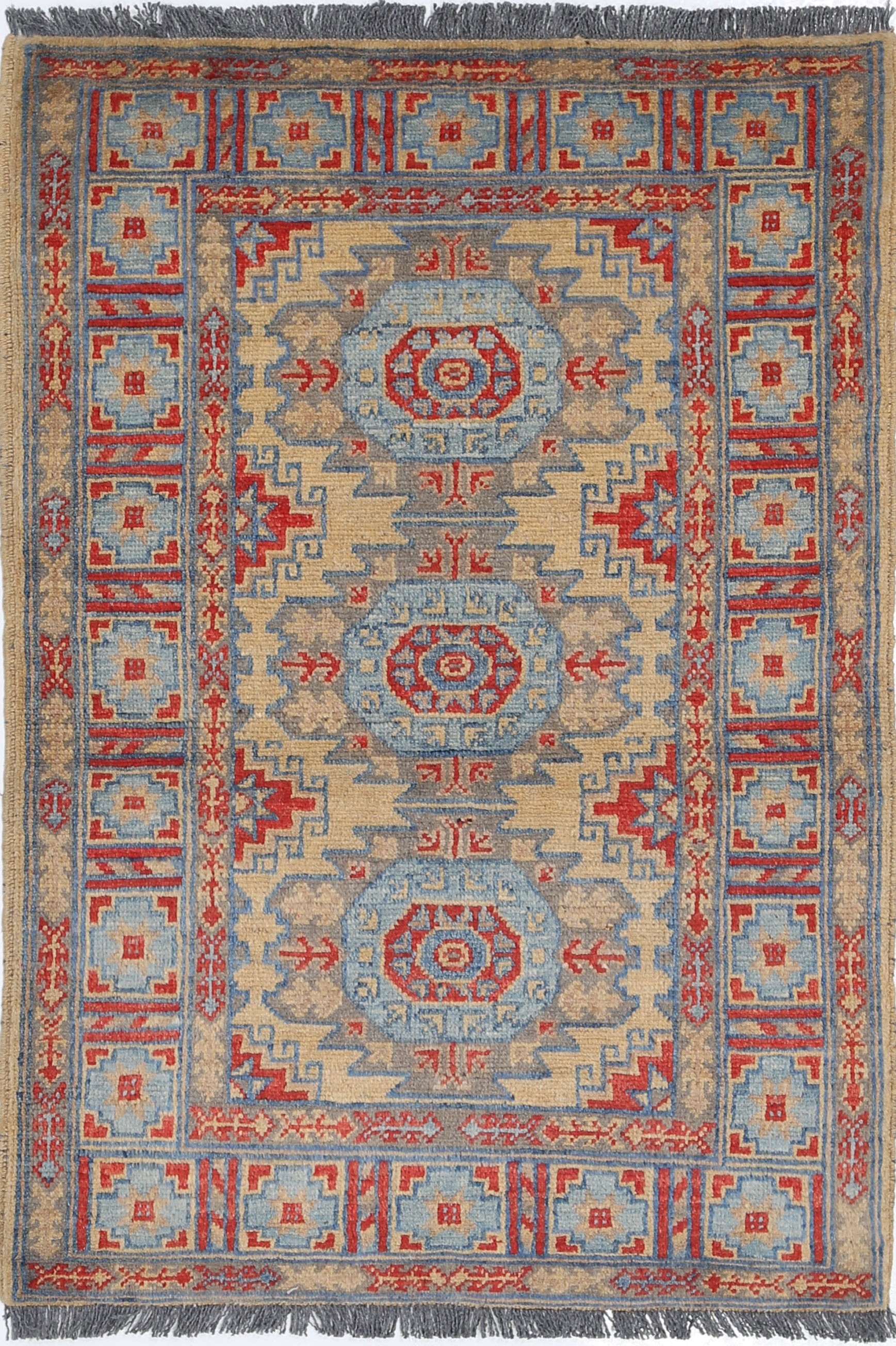 Gold Hand-Knotted Distressed Vintage Wool Rug - 2'7" x 3'10"