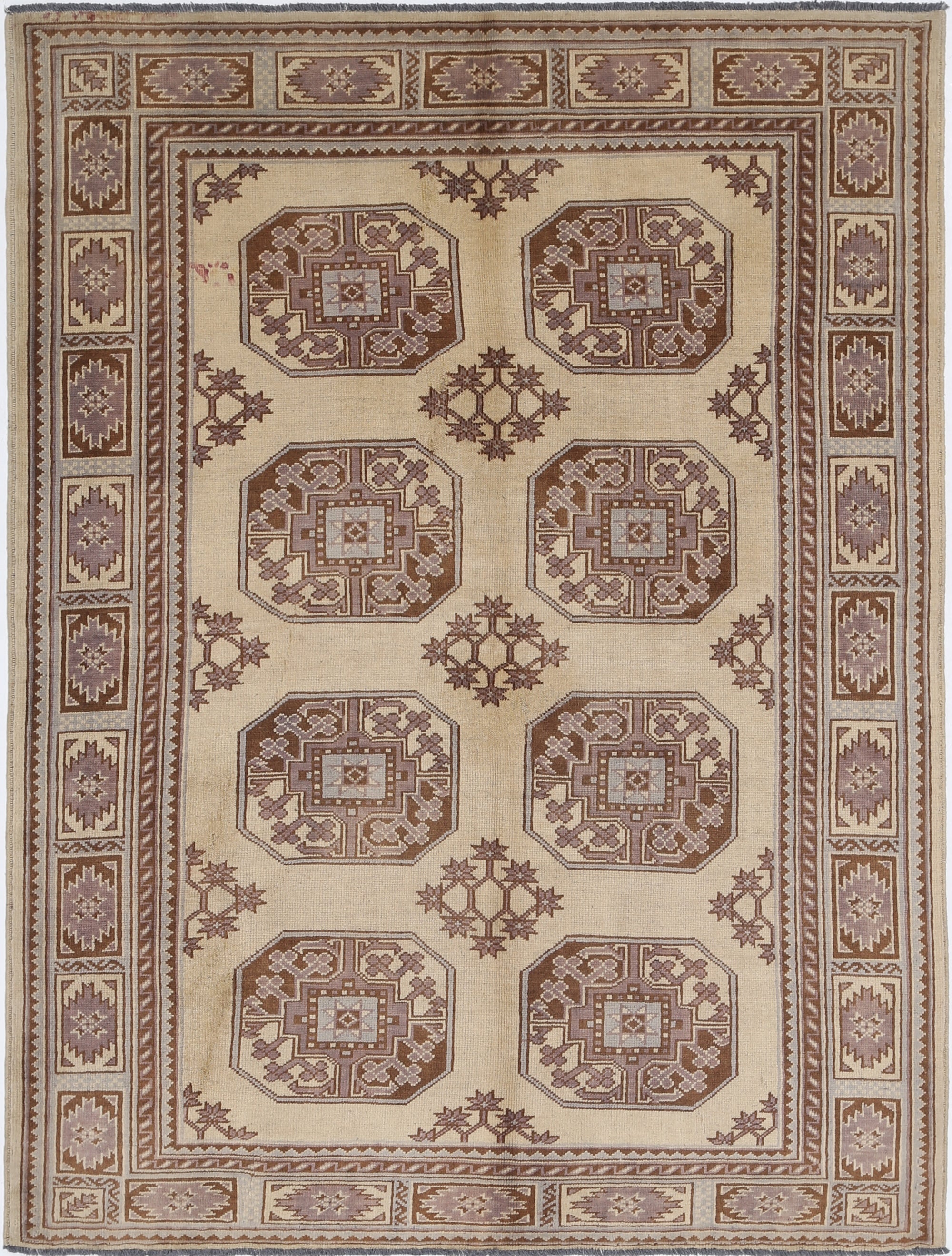 Gold Hand-Knotted Distressed Vintage Wool Rug - 5'1" x 6'9"