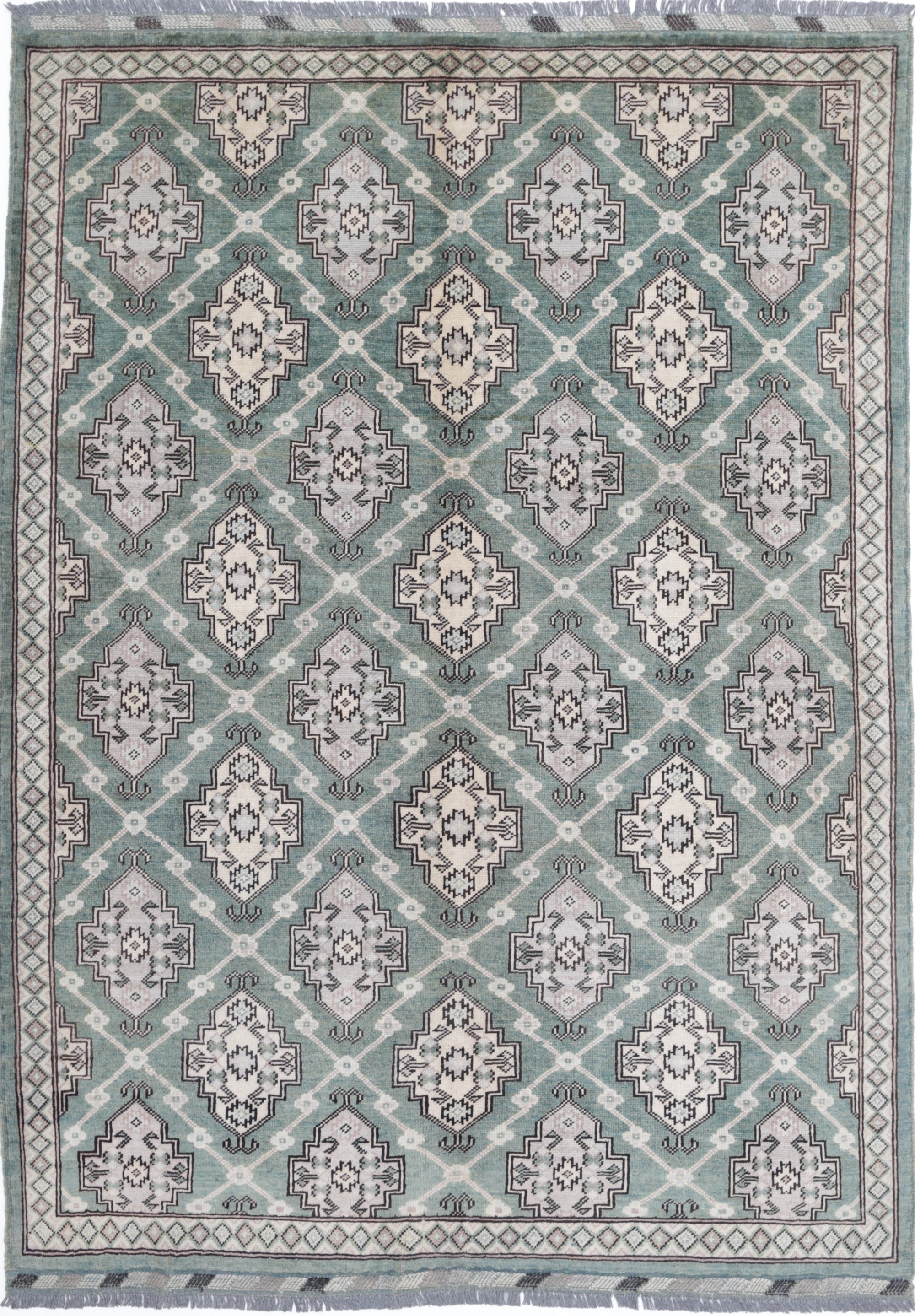 Green Hand-Knotted Distressed Vintage Wool Rug - 5'6" x 7'8"
