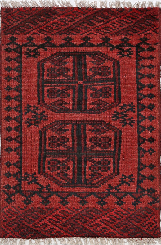 Ivory Hand-Knotted Afghan Tribal Geometric Wool Rug - 1'5" x 2'3"