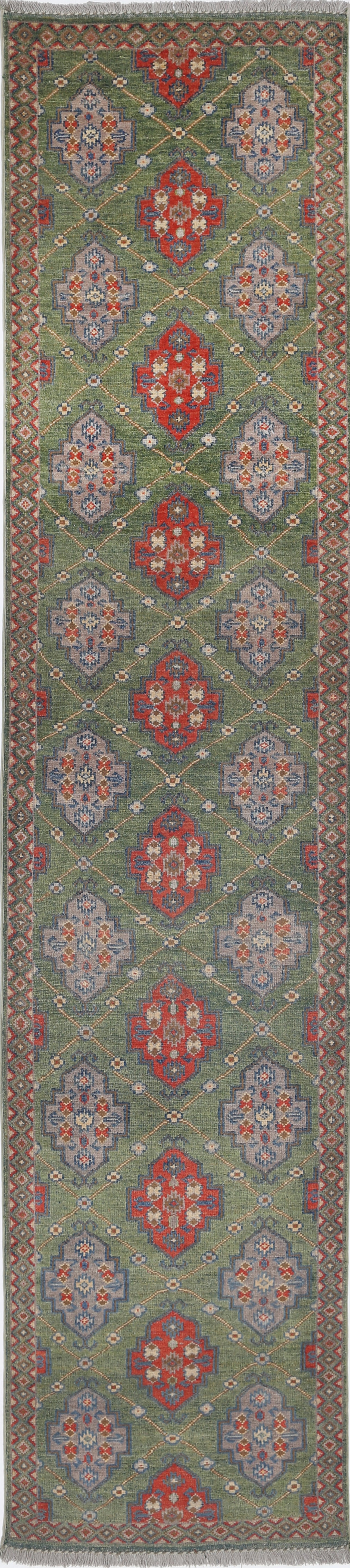 Green Hand-Knotted Distressed Vintage Wool Rug - 2'7" x 11'8"