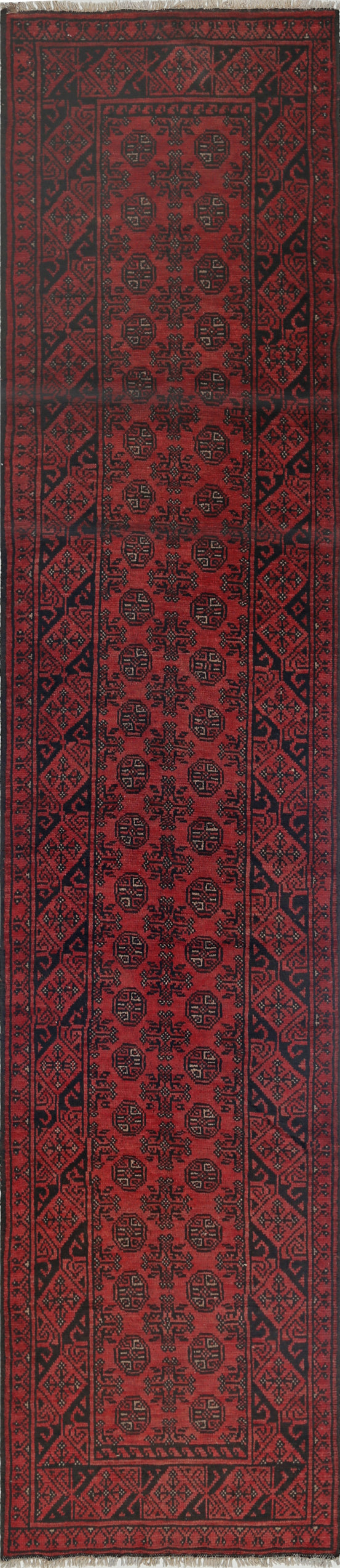 Ivory Hand-Knotted Afghan Tribal Geometric Wool Rug - 2'7" x 12'5"