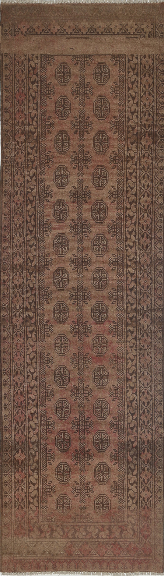 Ivory Hand-Knotted Afghan Tribal Geometric Wool Rug - 2'7" x 9'2"