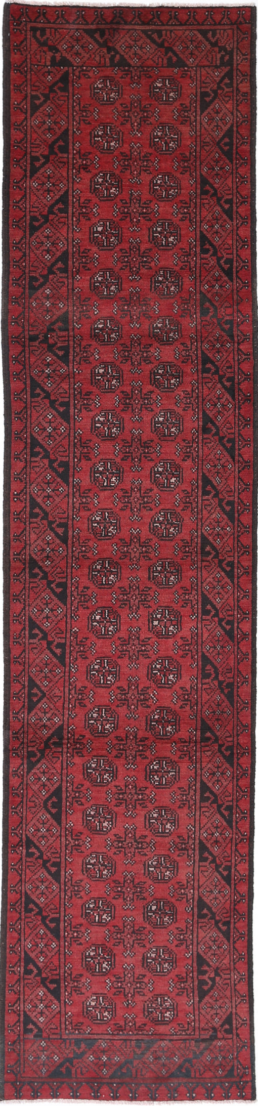 Ivory Hand-Knotted Afghan Tribal Geometric Wool Rug - 2'6" x 12'6"