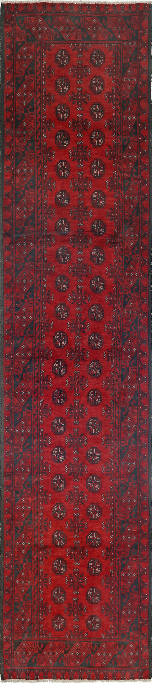 Ivory Hand-Knotted Afghan Tribal Geometric Wool Rug - 2'6" x 12'1"