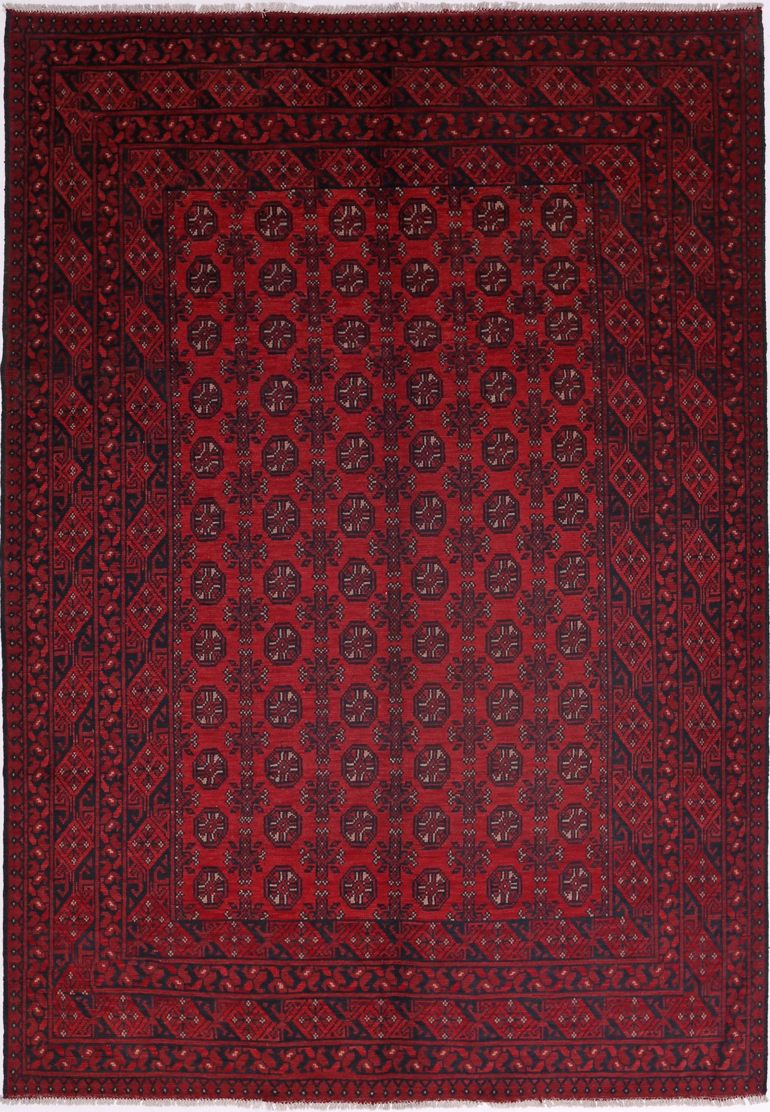 Ivory Hand-Knotted Afghan Tribal Geometric Wool Rug - 6'7" x 9'5"