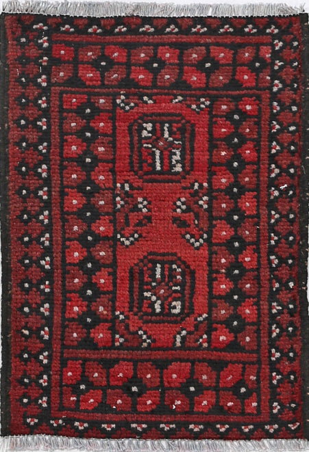 Ivory Hand-Knotted Afghan Tribal Geometric Wool Rug - 1'4" x 2'0"