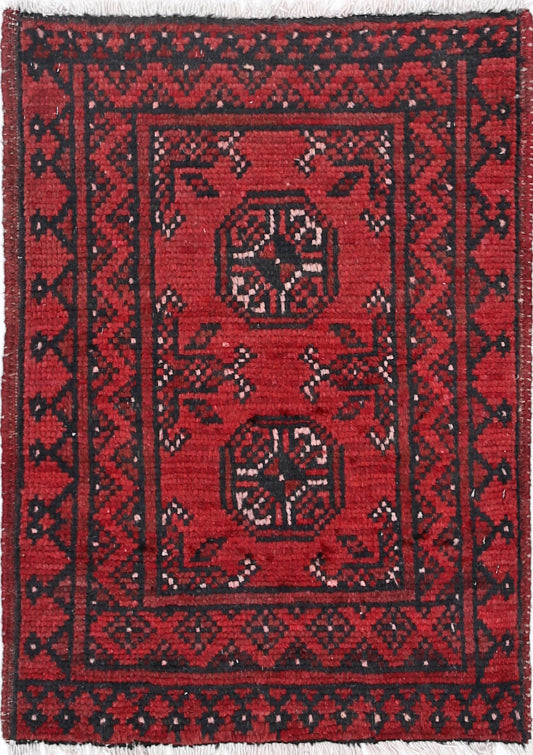Ivory Hand-Knotted Afghan Tribal Geometric Wool Rug - 1'7" x 2'4"