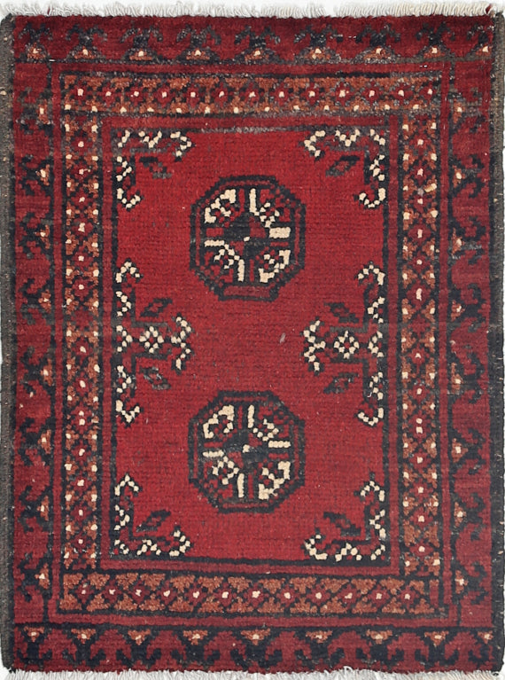 Ivory Hand-Knotted Afghan Tribal Geometric Wool Rug - 1'8" x 2'4"