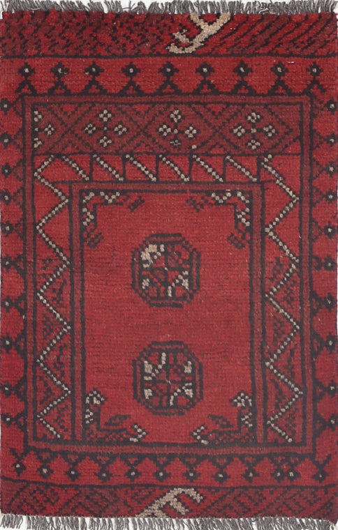 Ivory Hand-Knotted Afghan Tribal Geometric Wool Rug - 1'5" x 2'3"