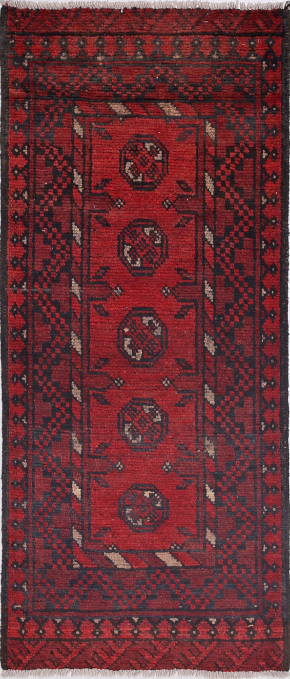 Ivory Hand-Knotted Afghan Tribal Geometric Wool Rug - 1'7" x 4'2"