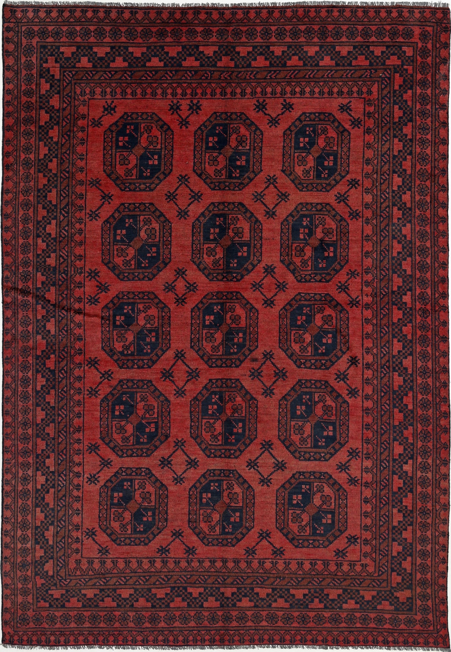 Ivory Hand-Knotted Afghan Tribal Geometric Wool Rug - 6'4" x 9'0"