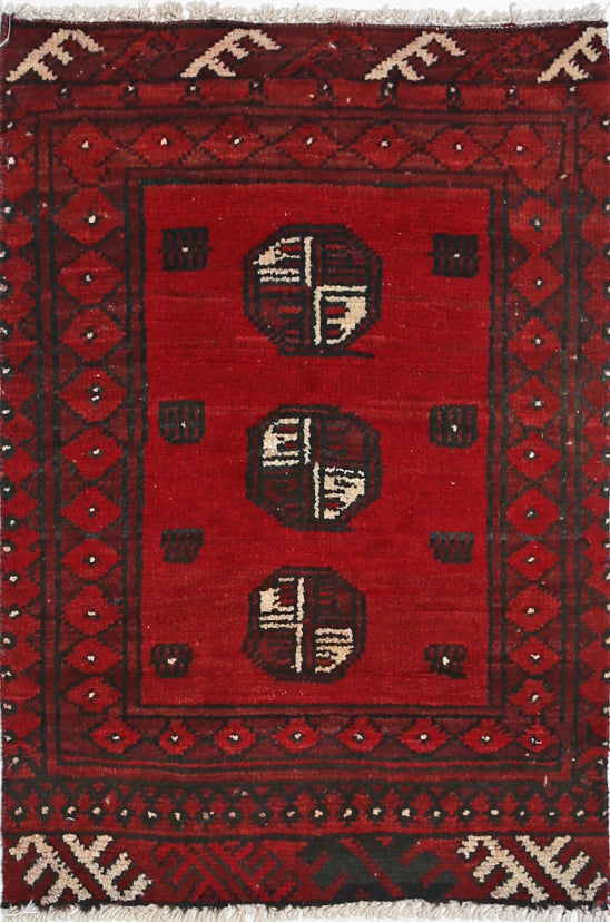 Ivory Hand-Knotted Afghan Tribal Geometric Wool Rug - 1'8" x 2'6"