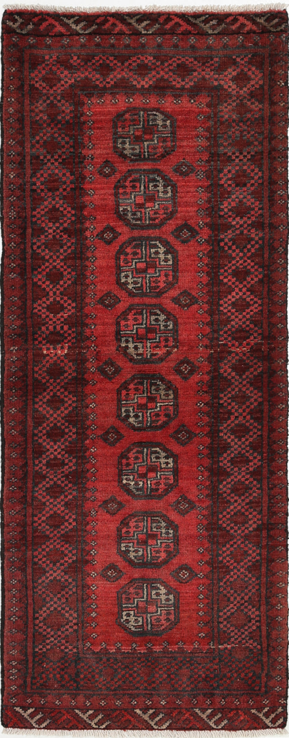 Ivory Hand-Knotted Afghan Tribal Geometric Wool Rug - 1'10" x 4'1"