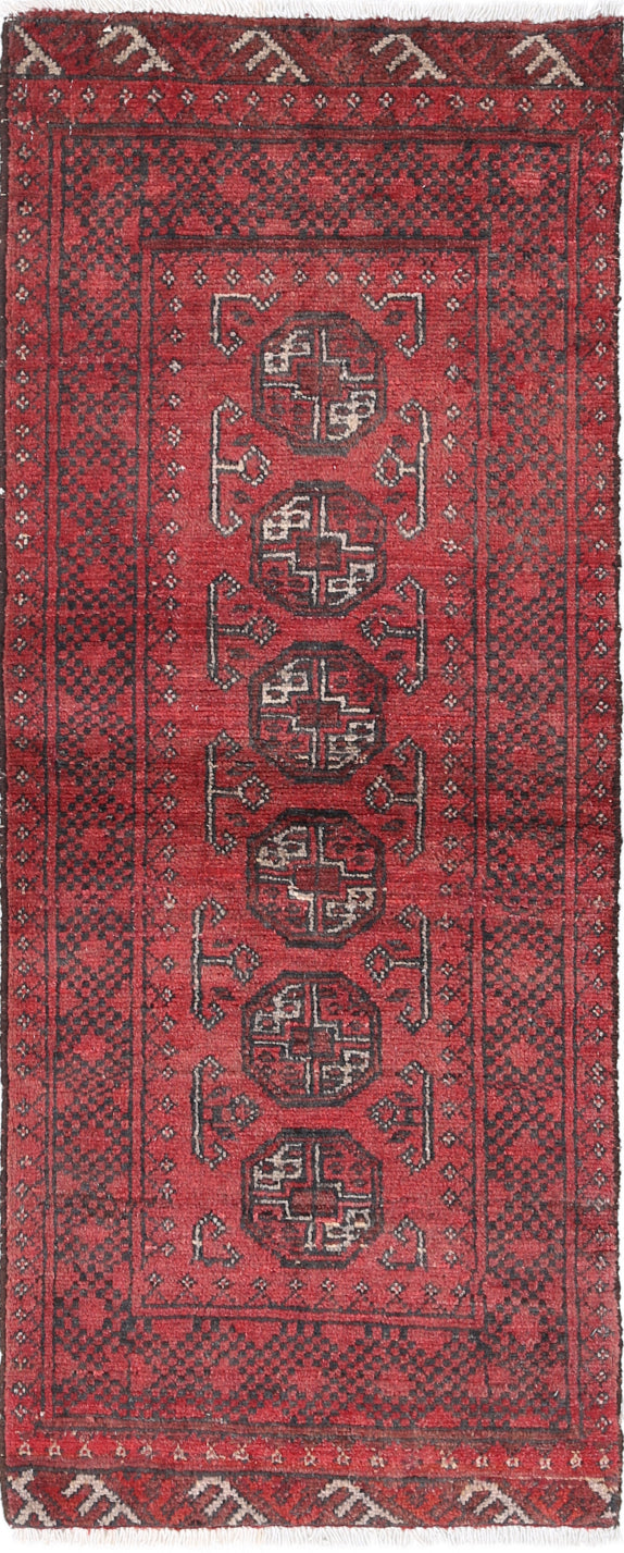 Ivory Hand-Knotted Afghan Tribal Geometric Wool Rug - 1'9" x 4'8"