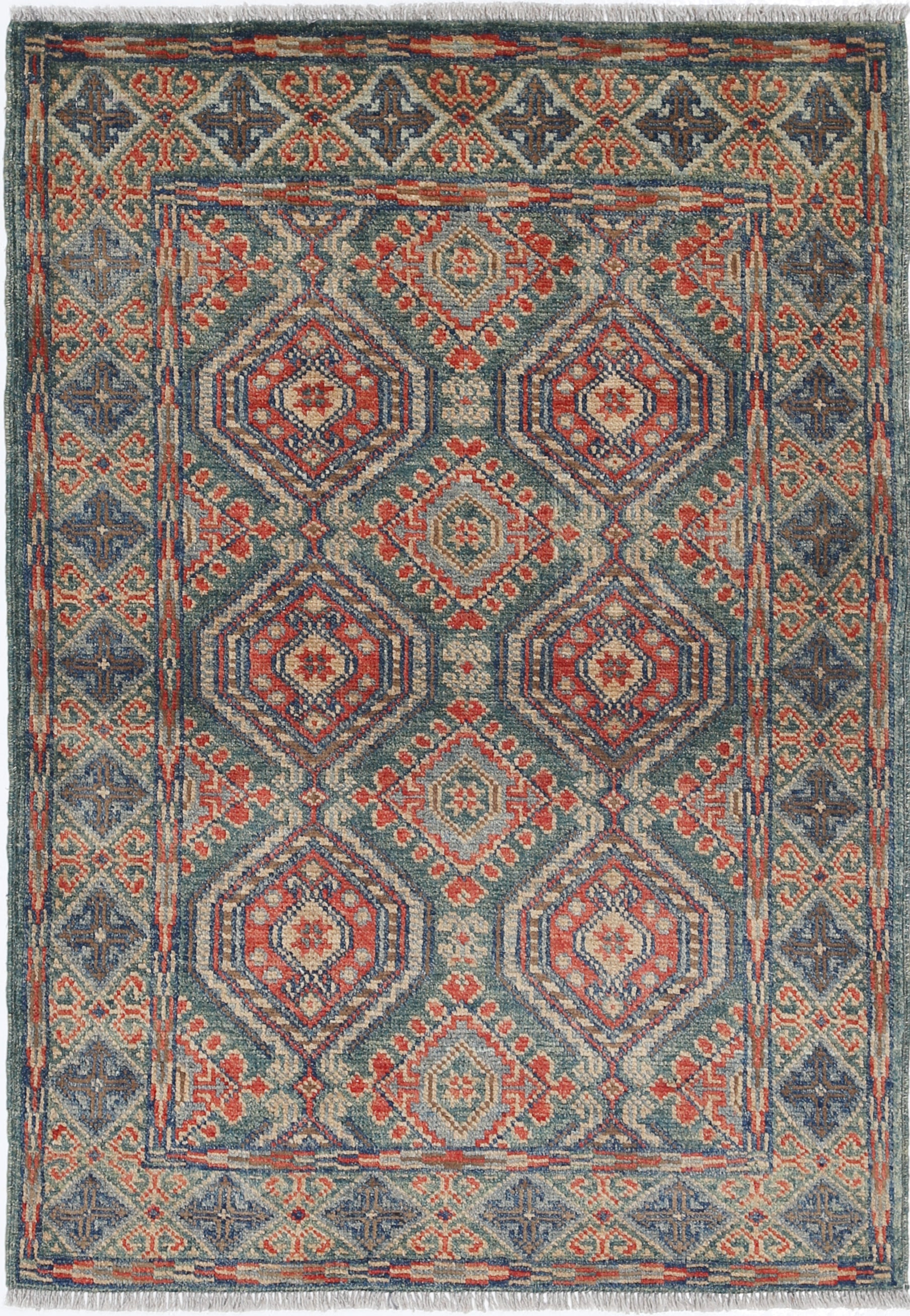 Green Hand-Knotted Distressed Vintage Wool Rug - 2'9" x 4'0"