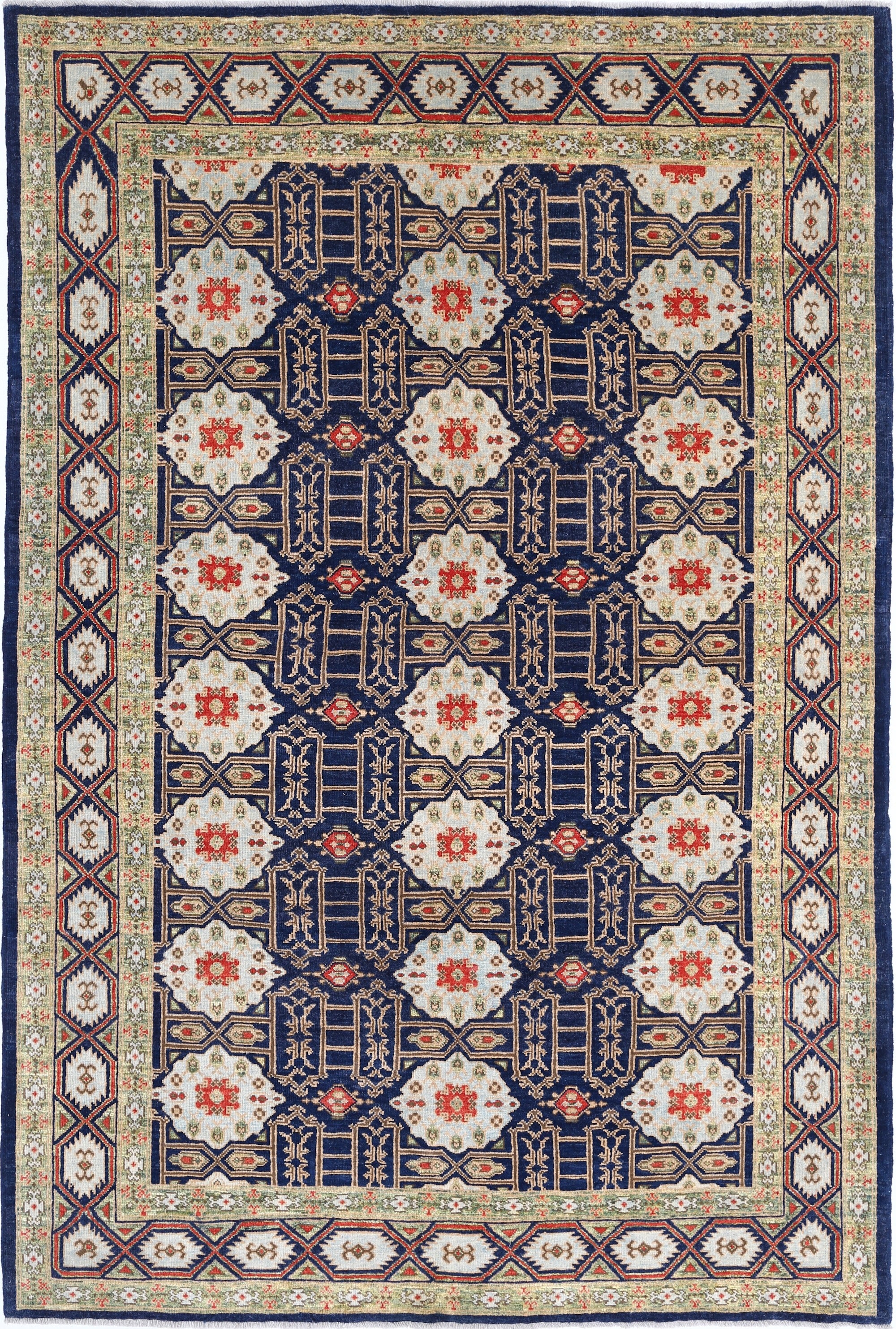 Green Hand-Knotted Distressed Vintage Wool Rug - 6'8" x 9'11"