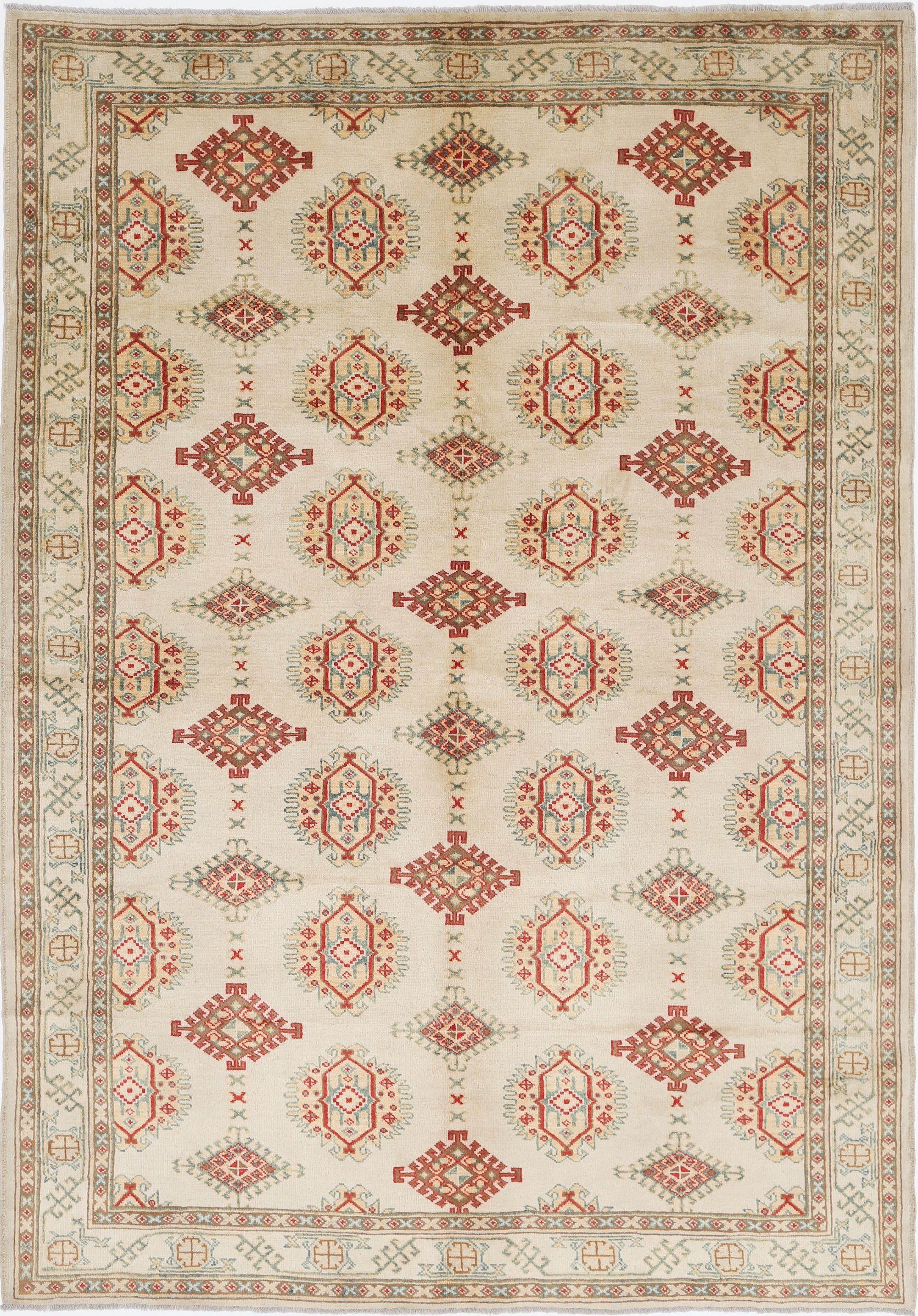 Ivory Hand-Knotted Distressed Vintage Wool Rug - 6'7" x 9'4"