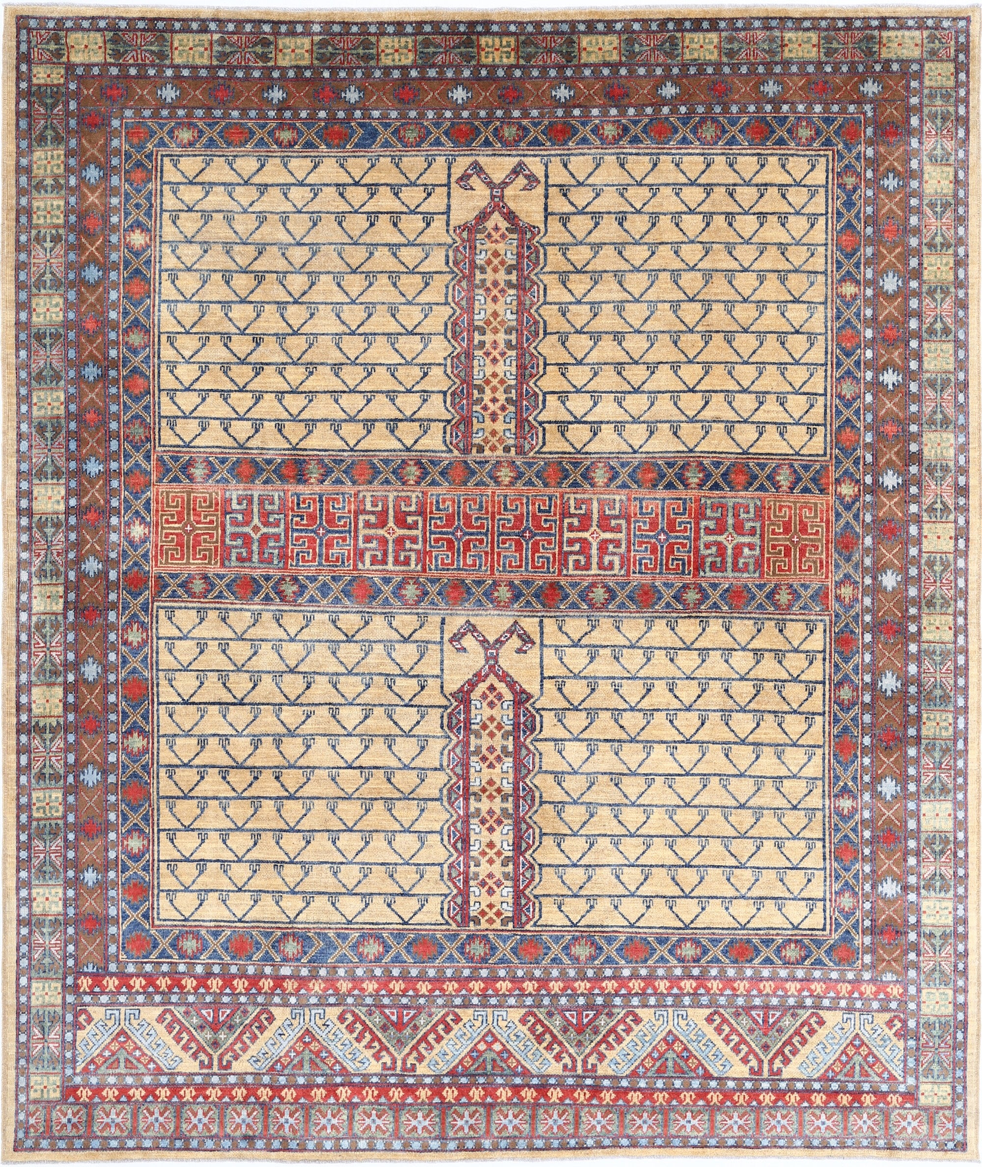 Gold Hand-Knotted Distressed Vintage Wool Rug - 8'4" x 10'1"