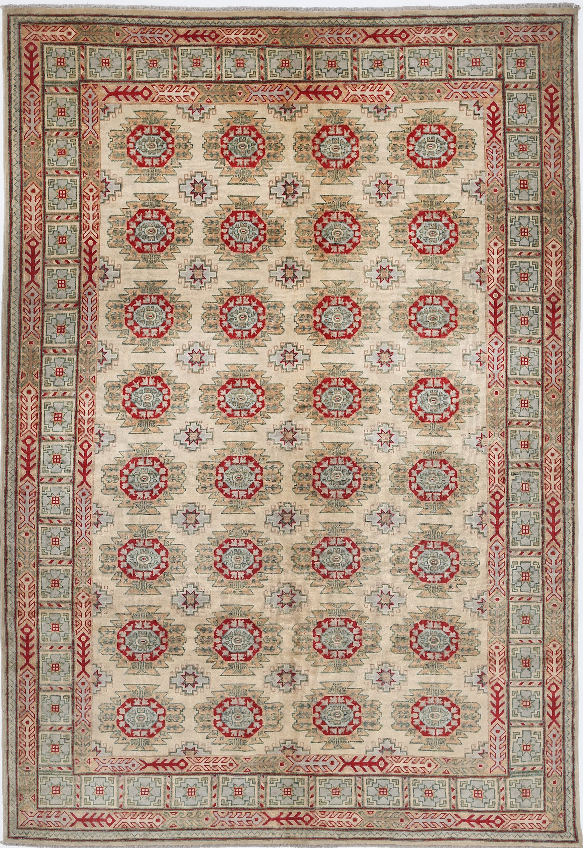 Ivory Hand-Knotted Distressed Vintage Wool Rug - 6'8" x 9'9"