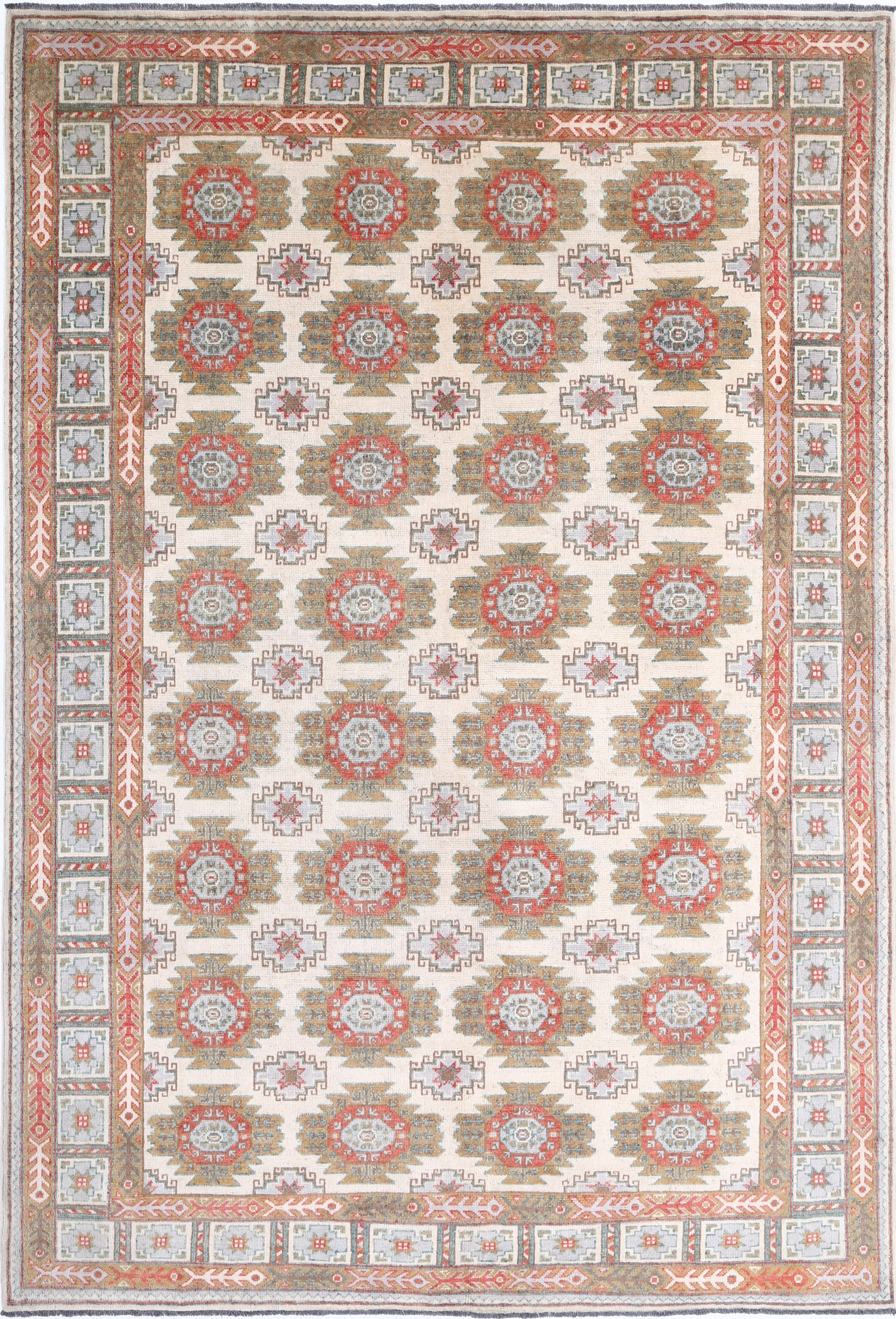 Ivory Hand-Knotted Distressed Vintage Wool Rug - 6'6" x 9'8"