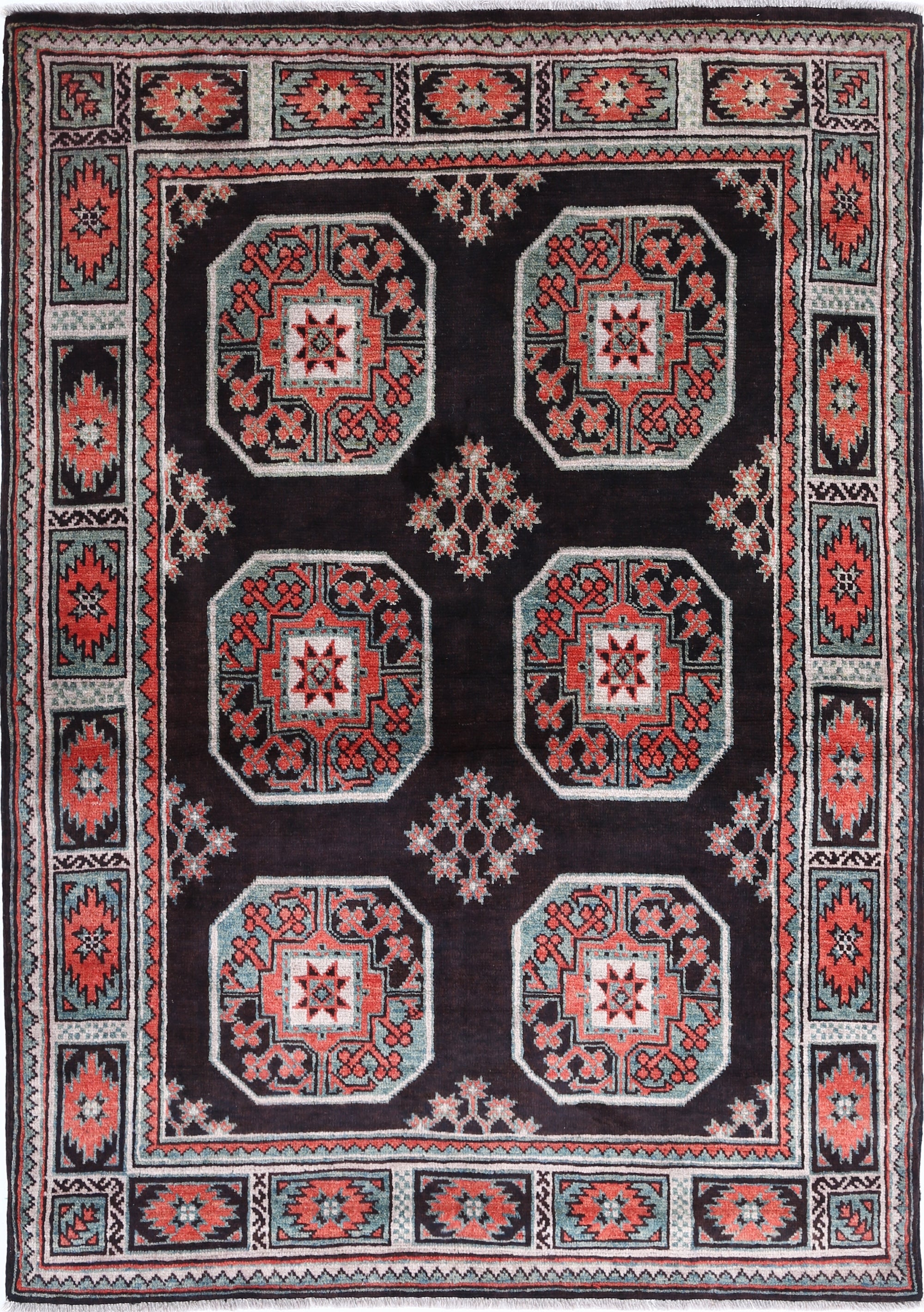 Black Hand-Knotted Distressed Vintage Wool Rug - 4'1" x 5'9"