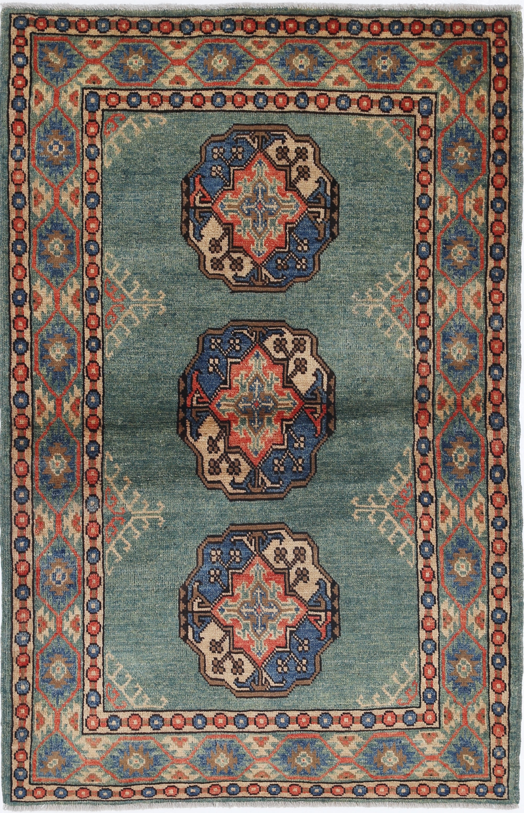 Green Hand-Knotted Distressed Vintage Wool Rug - 3'5" x 5'1"