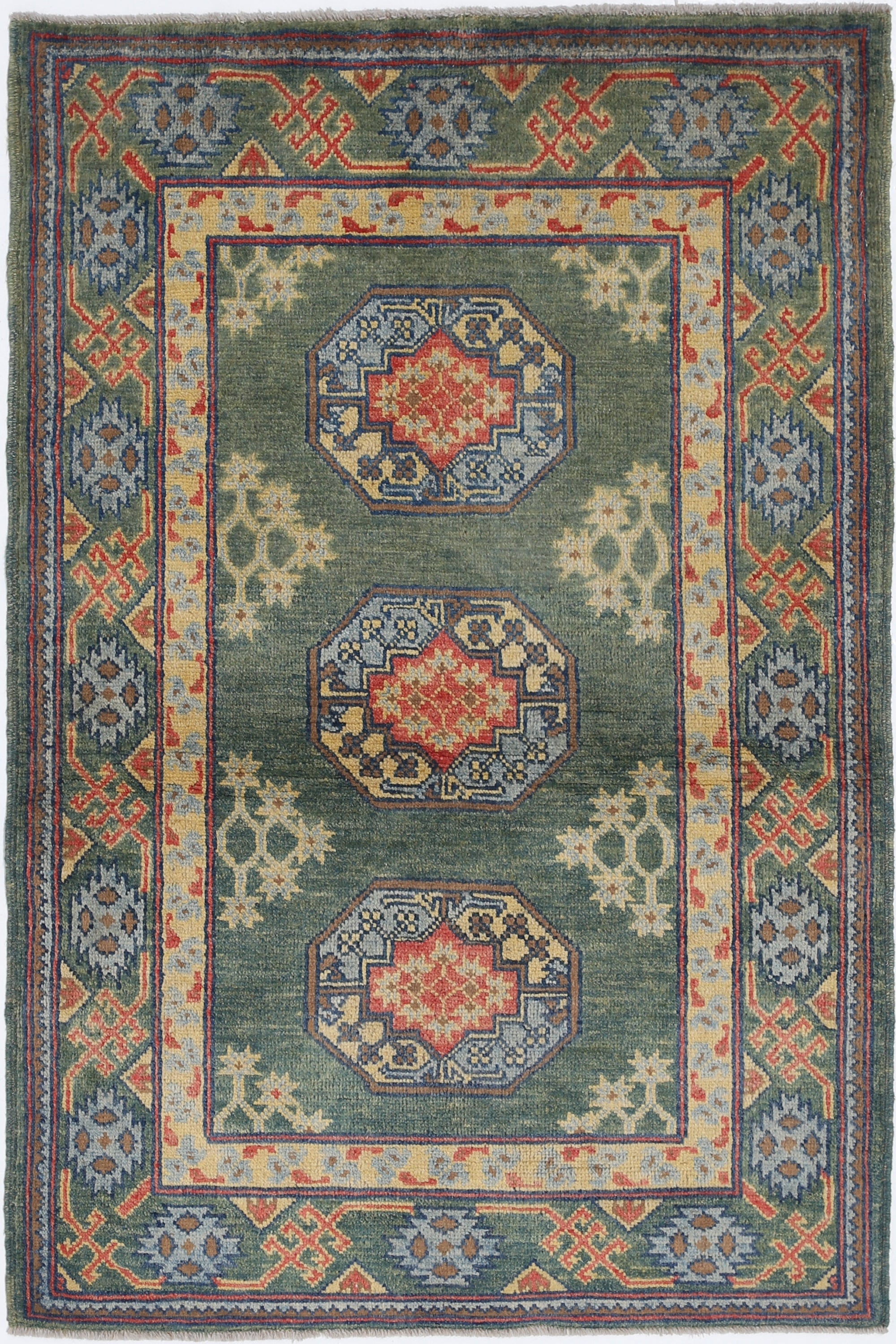 Green Hand-Knotted Distressed Vintage Wool Rug - 3'3" x 4'11"