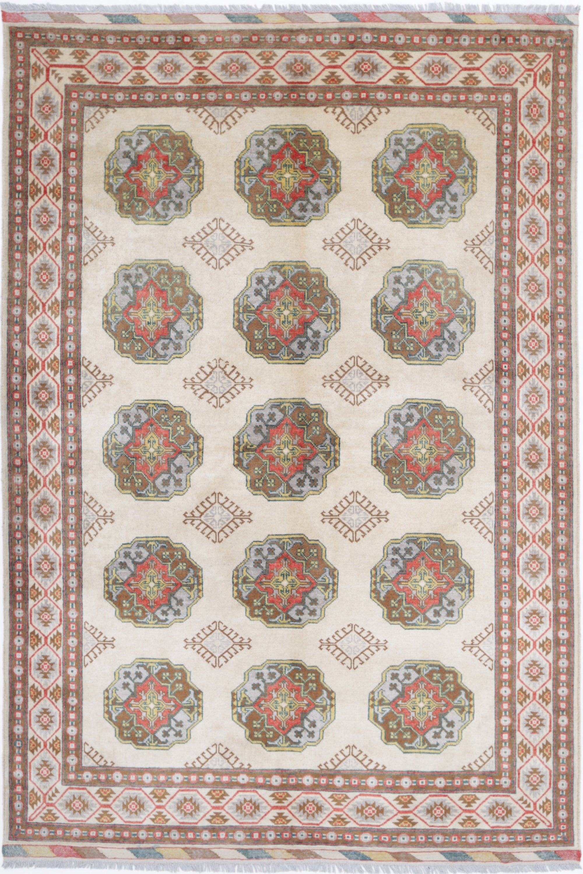 Ivory Hand-Knotted Distressed Vintage Wool Rug - 5'10" x 8'6"