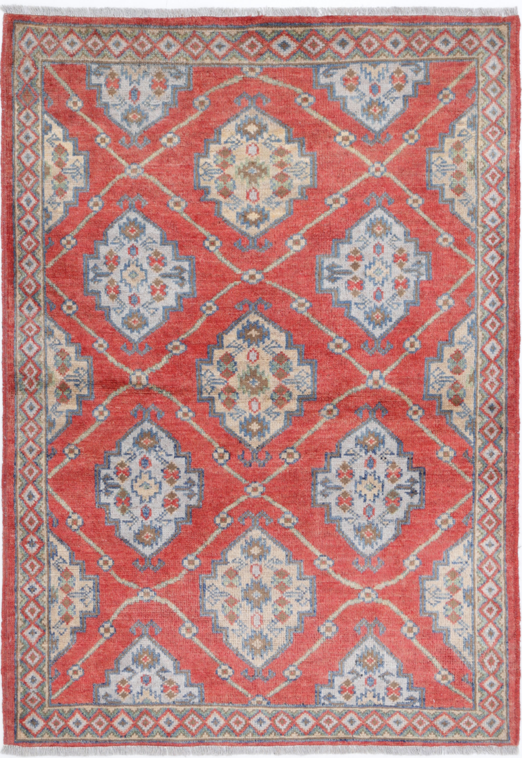 Red Hand-Knotted Distressed Vintage Wool Rug - 3'5" x 4'11"