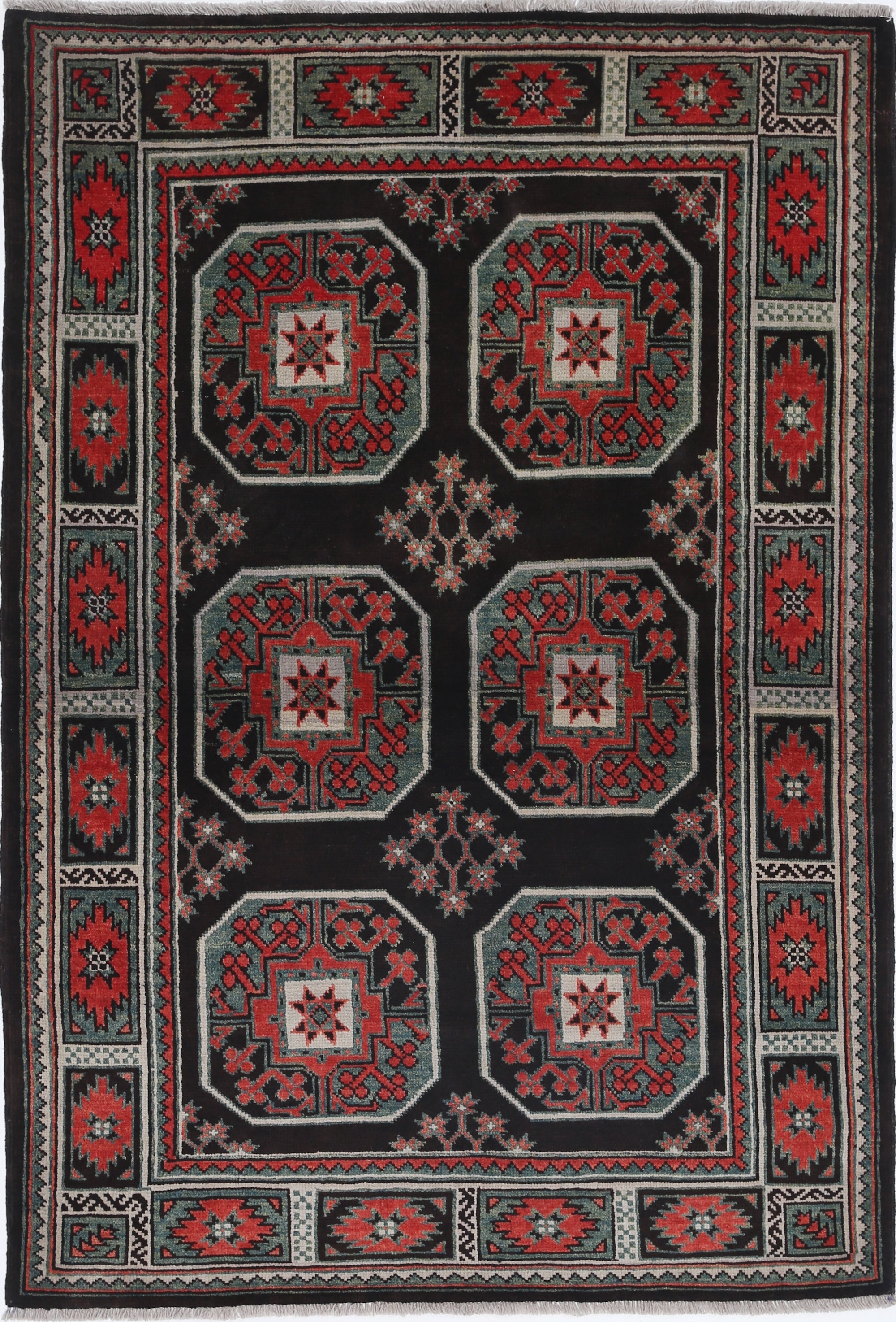 Black Hand-Knotted Distressed Vintage Wool Rug - 4'0" x 5'10"