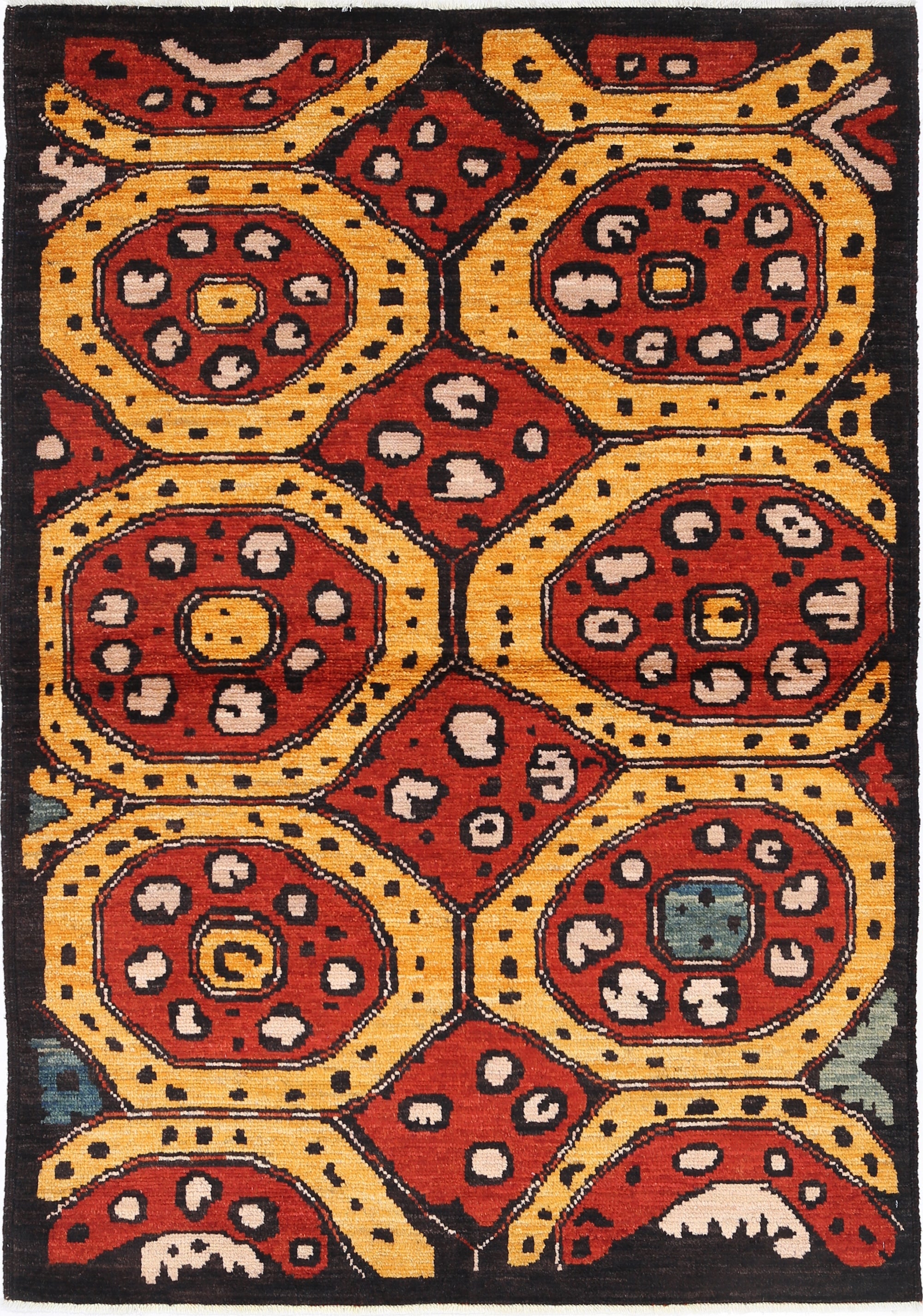 Gold Hand-Knotted Tribal Geometric Wool Rug - 4'0" x 5'9"