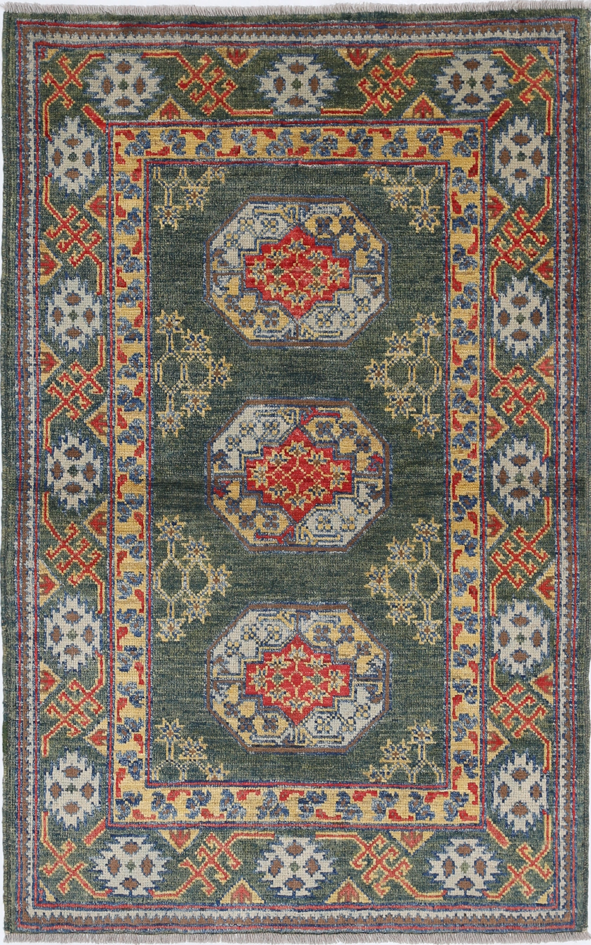 Green Hand-Knotted Distressed Vintage Wool Rug - 3'2" x 4'10"